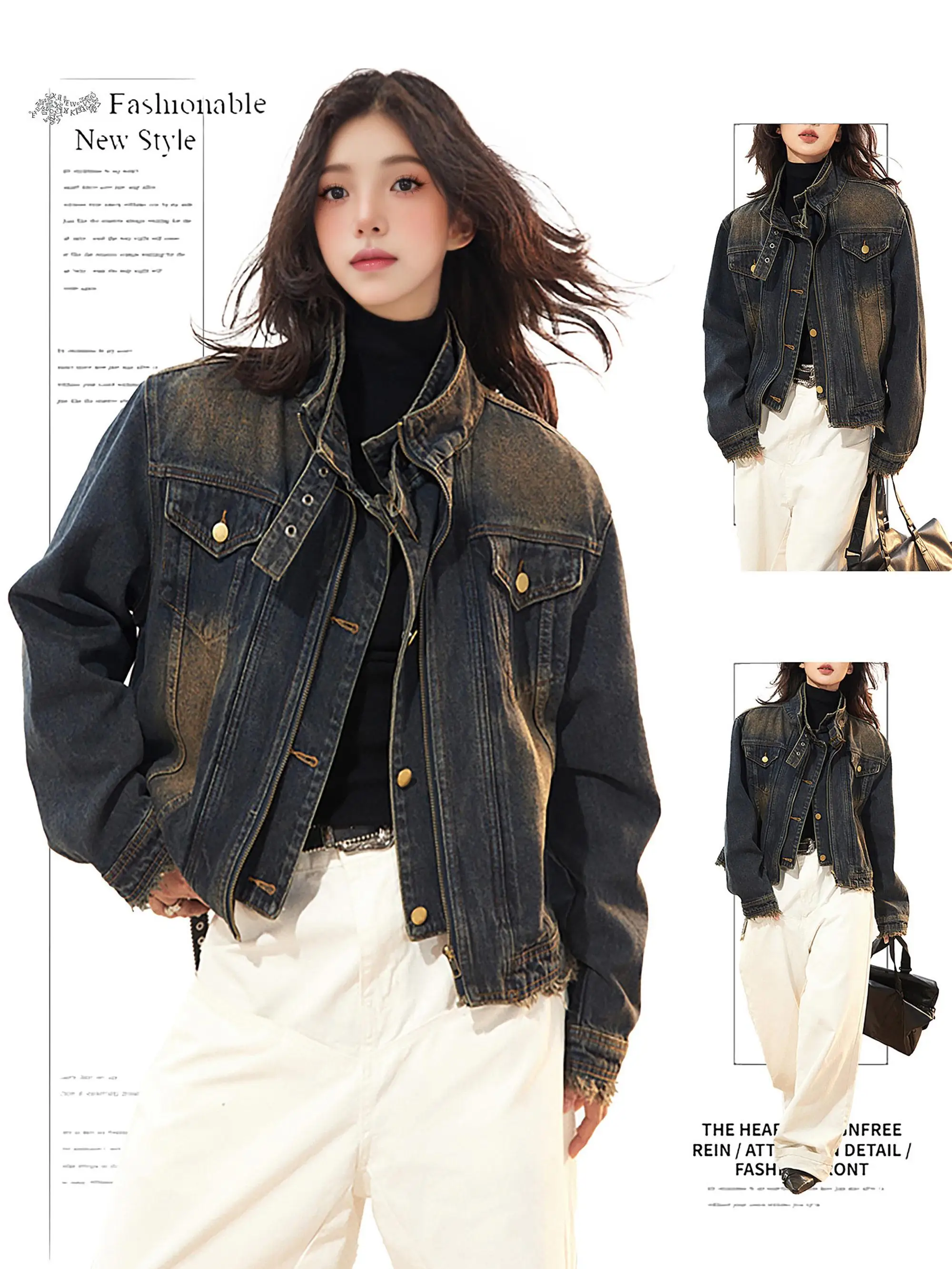

Women Blue Gothic Denim Jacket Long Sleeve Jean Jacket Harajuku Korean Vintage 2000s Oversize Outerwear Top 2000s Clothes