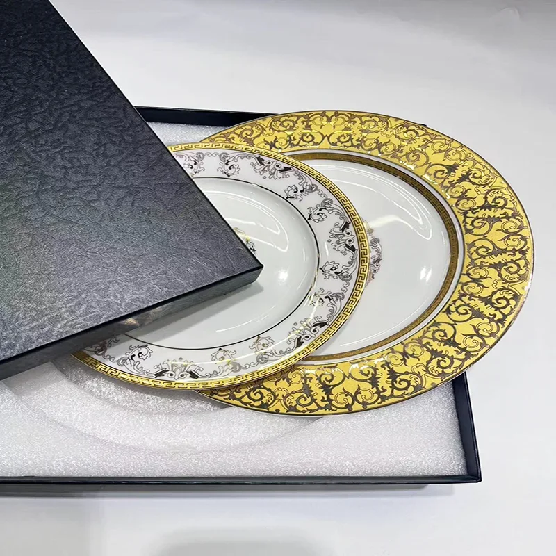 

Tableware European Light Luxury Plated Ceramic Plate Pastry Plate Dessert Plate Ceramic Bowl Home Set Gold Cutlery Set Dish Set
