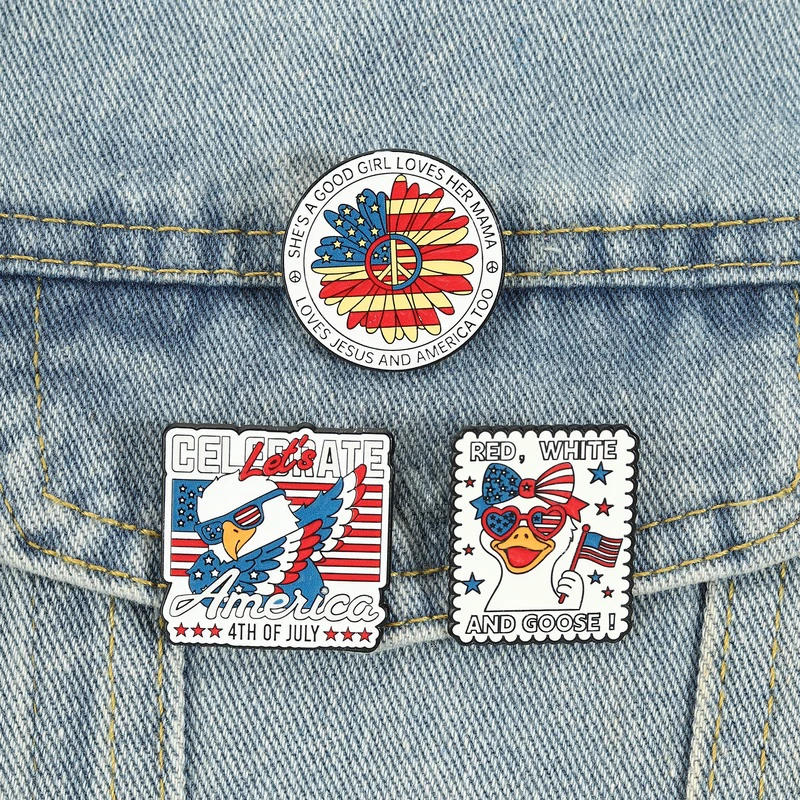 Independence Day Enamel Pins July 4th USA Flag Flower Brooches Clothes Lapel Badges Let's Celebrate Jewelry Gift for Friends