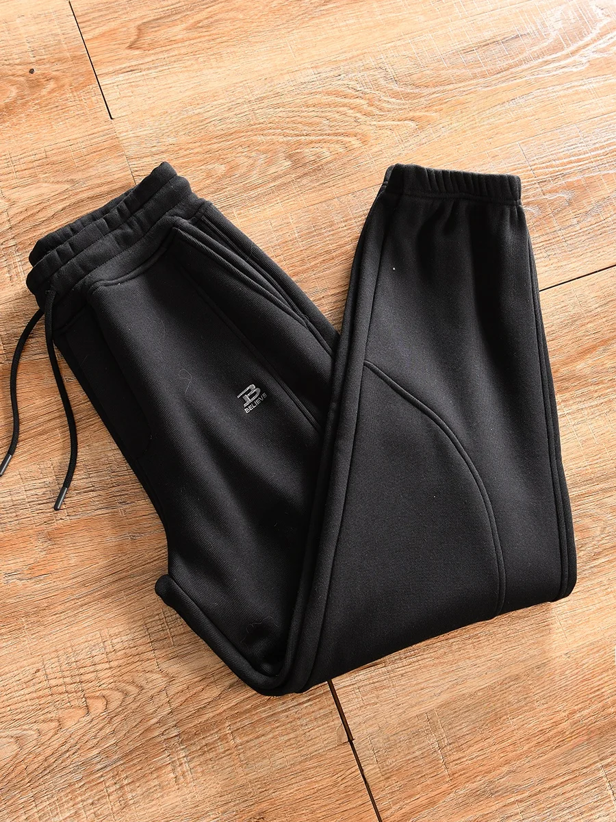 Thickened Fleece Elastic Waist Men's Casual Pants Autumn Winter Fashionable All-Match Long Cotton Polyester Blend Straight Leg