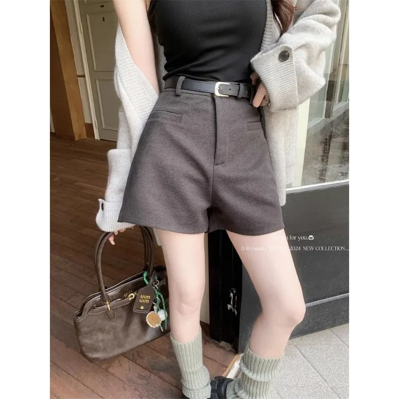 القهوة الملونة الصوفية عالية الخصر ألف خط المرأة الخريف والشتاء الخارجي التمهيد السراويل التخسيس فضفاض مستقيم السراويل غير رسمية