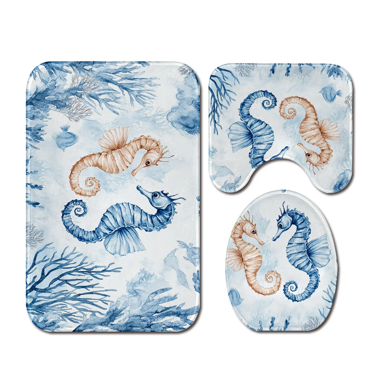 

Набор из 3 предметов с принтом морского конька — полиэфирная ткань, можно стирать в машине, U-образный коврик, чехол на сиденье унитаза, нескользящий коврик, декор для ванной комнаты