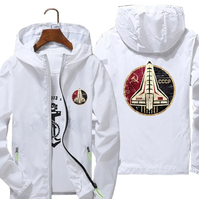 CCCP Space Shuttle Emblem Bomber Jacket Men Reflective Sunscreen Skin Windbreaker Thin Hooded Coat Outwear Oversized Clothing
