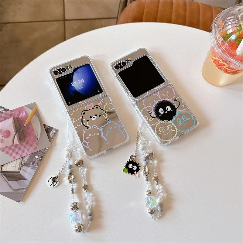 Cute Mirror Coal Ball Bear Phone Case for Samsung Galaxy Z Flip6 4 3 Hard Cover for ZFlip3 Zflip4 Zflip5 Solid Shell Bracket