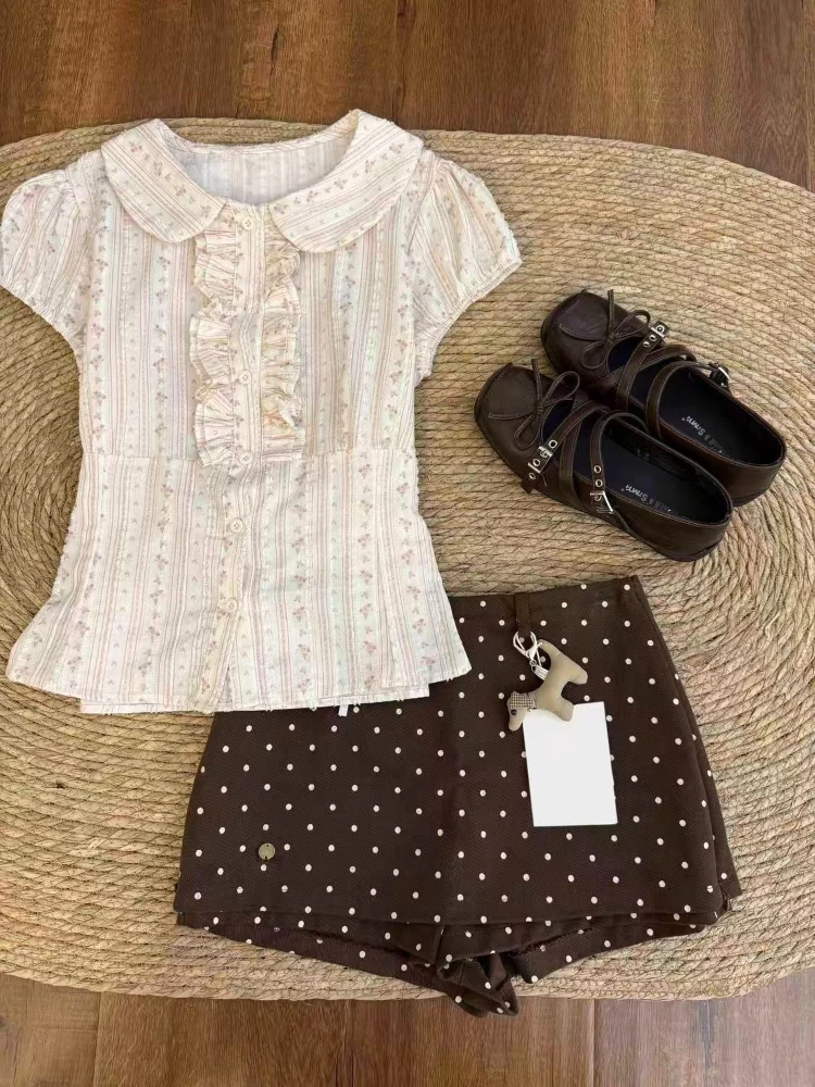 HOUZHOU French Vintage Short-Sleeve Peter Pan Collar Blouse Sweet Kawaii Floral Top Polka-Dot Mini Skirt Women Summer Dress Sets