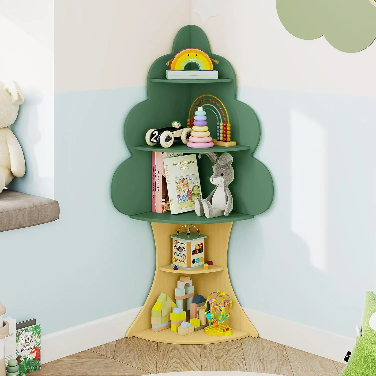 

Tree Kids Bookshelf, 5-Tier Wooden Toddler Corner Bookcase, Children Book Rack & Magazine Display Shelf, Toy Storage Org