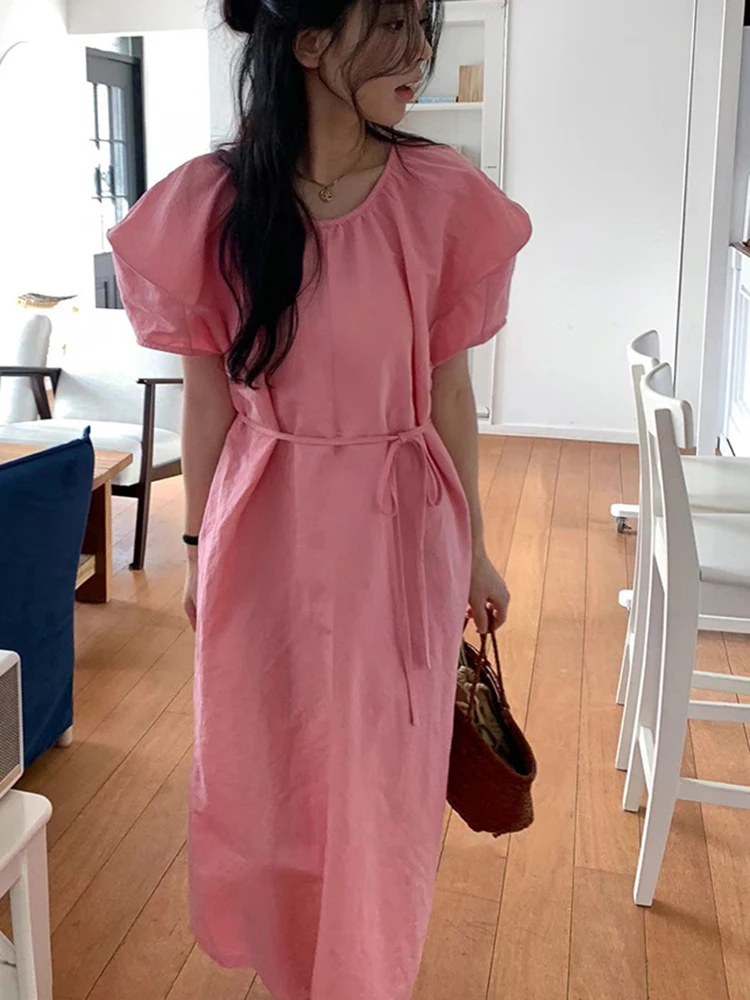 

Women's Summer Vintage Long Solid Dress with Belt Lantern Sleeve Straight Pullover Casual Maxi Dresses Female Lazy Style 2024