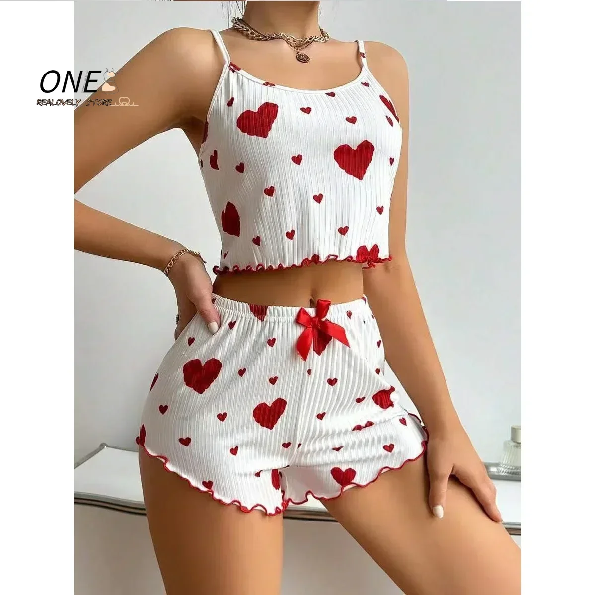 Ladies' Summer Two-Piece Printed Ice Silk Suspender Pajama Set with Heart-Shaped Printed Bow Decoration Pajama Set