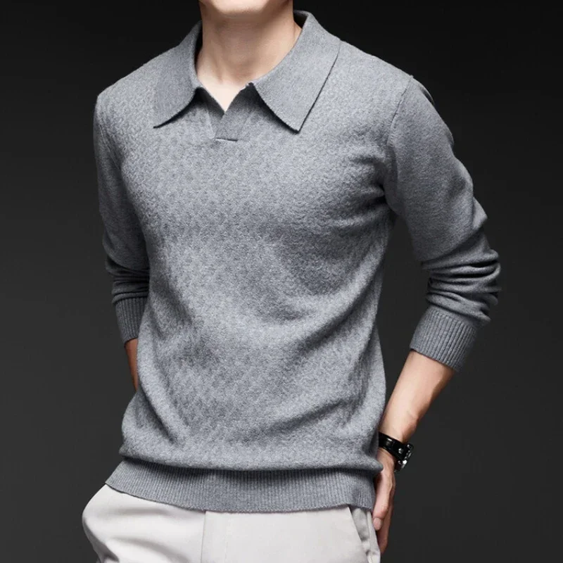 

High-quality Men's Business Casual Solid Color V-neck Long Sleeve Warm Sweater, 2024 Daily Versatile POLO Shirt.M-4XL