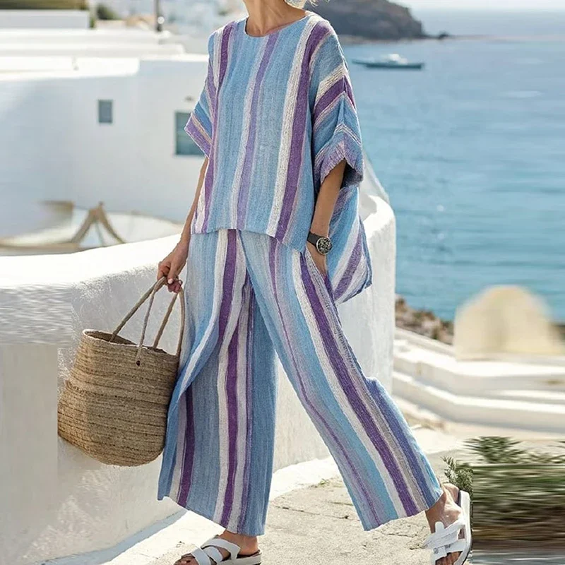 Vintage vakantie gestreept bedrukt casual tweedelige set dames half mouw hoge taille losse broek pak 2025