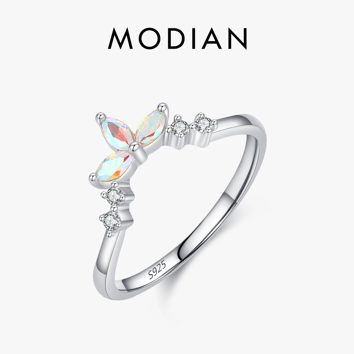 MODIAN Real 925 Sterling Silver Fashion Crown Finger Ring For Women Rainbow Fire Zircon Wedding Engagement Band Fine Jewelry