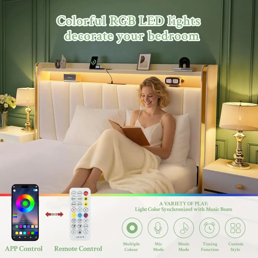 Beige 51 Upholstered Platform Bed with 4 Dustproof Drawers, 2-Tier Storage, Adjustable Panel, Charging Station, LED Lights, Easy