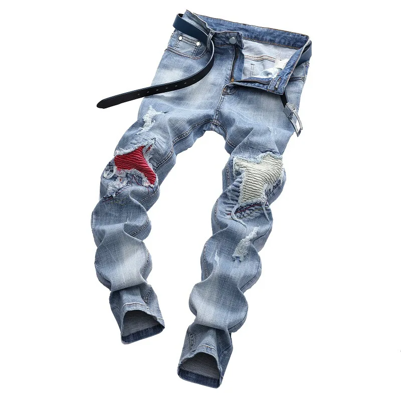 European and American Fashionable Light-colored Stretch Biker Pants. New Ripped Patchwork Tapered Jeans for Trendy Men.