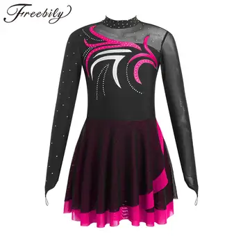Kids Girls Figure Skating Dress Costume Teens Sheer Mesh Dance Gymnastics Leotard Children's Rhinestones Ice Skating Clothes
