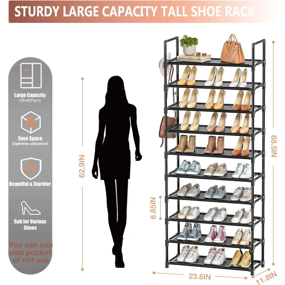 10-уровневый металлический органайзер для обуви с крючками и карманом для хранения в шкафу