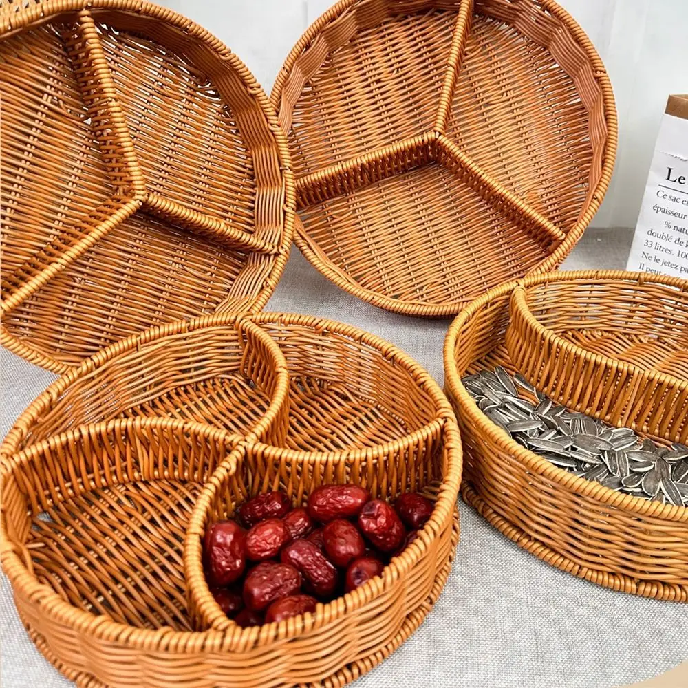 

Handmade Imitation Rattan Storage Basket 2/3/4 Compartments Sturdy Woven Fruits Serving Tray Round Multi-purpose