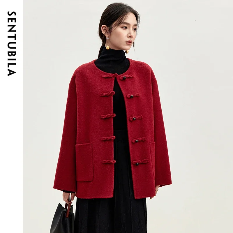 

SENTUBILA High Quality 100% Wool Coat Women Winter 2024 Double Side Drop Sleeve Single Breasted Big Pockets Clothes W44O56125