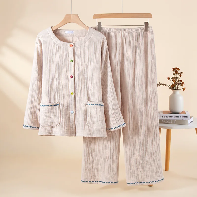 Spring Autumn Women Sweet  Simple Pajama Sets Female 100% Cotton Sleepwear Suit Women Round Collar Shirt & Pants Home Clothes