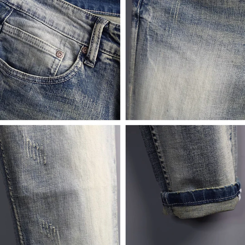 Italian style jeans da uomo alla moda, lace up slim fit elastic light blue chiaro back collar Pantaloni da uomo con bottoni Pant
