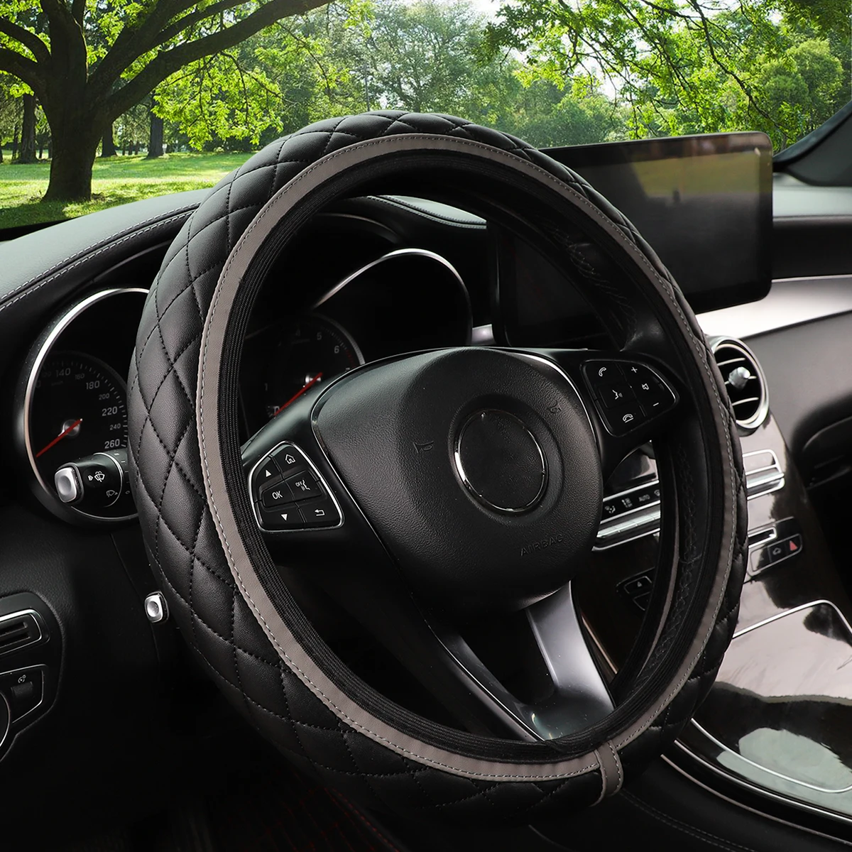 

Embroidered check pattern PU leather car rimless steering wheel cover suitable for 14.5 - 15 inch car interior accessories