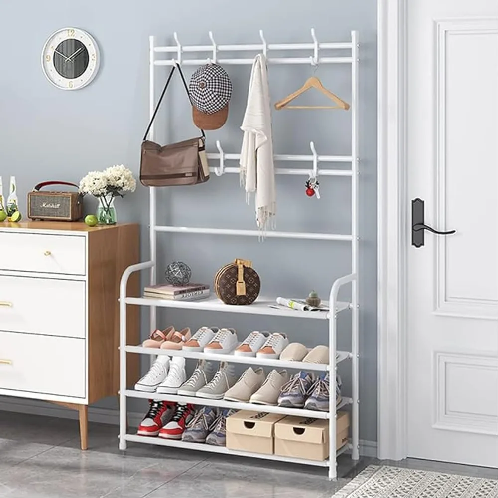 4-Tier Coat Rack with Shoe Storage,Shoe and Coat Rack for Entryway,Shoe Coat Rack Freestanding with 8 Double Hooks for Bedroom