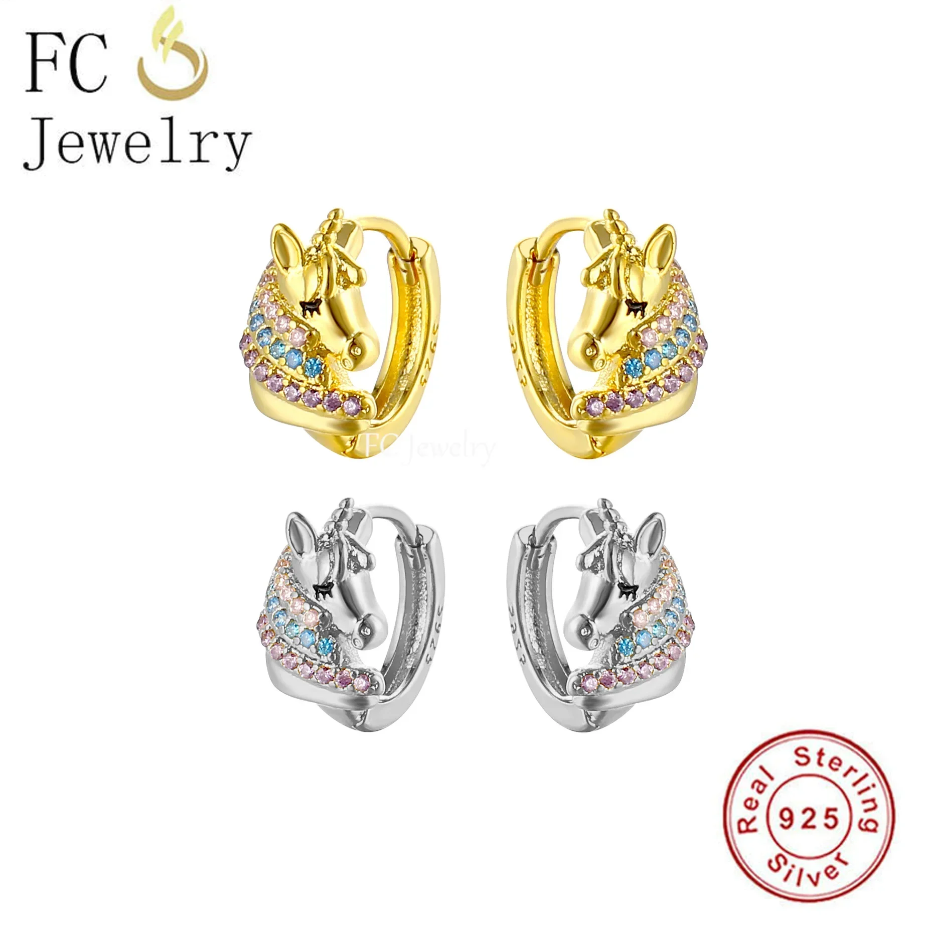 925 Sterling Silver Minimalist Unicorn Color Cubic Zirconia Huggie Hoop Earrings Girl Women Baby Child Toddler Brincos DIY