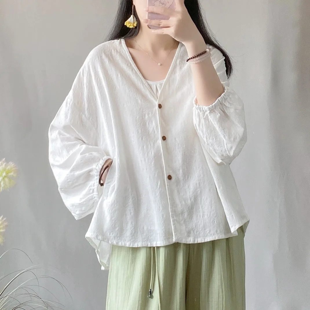 Summer Cotton Linen Jacquard Cardigan Protection Women\'s Outerwear Artistic Loose Fit Slim Bat Sleeves Long Sleeveair Shirt