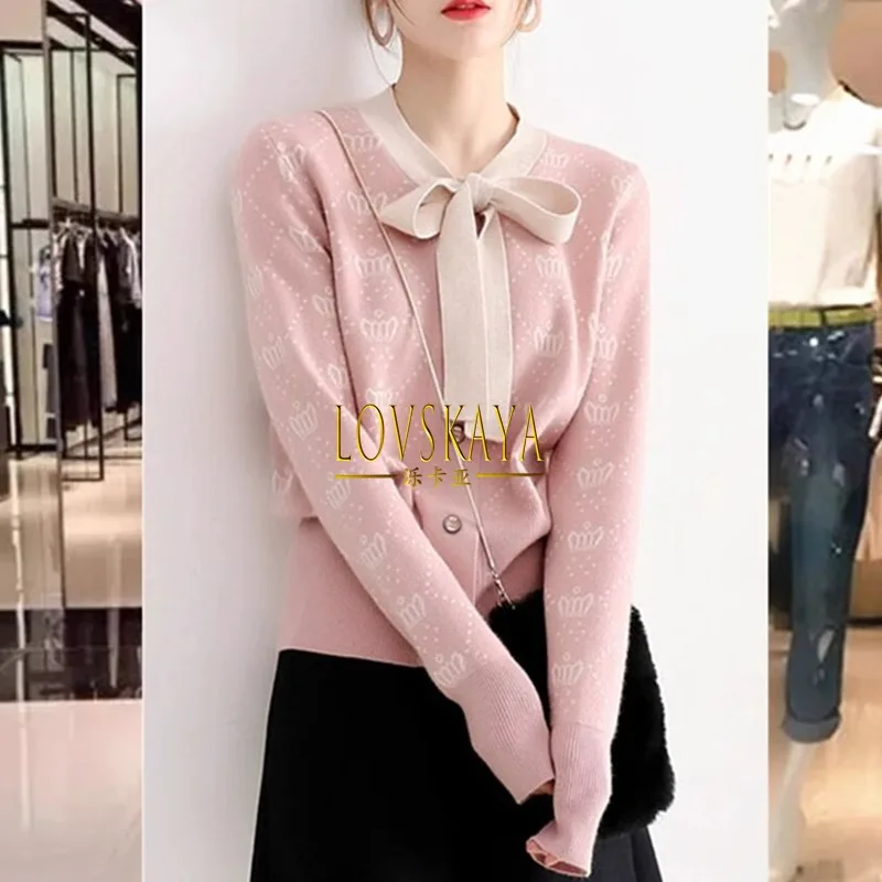 Autumn style new wool thickened ribbon cardigan crown knitted wool sweater women's top