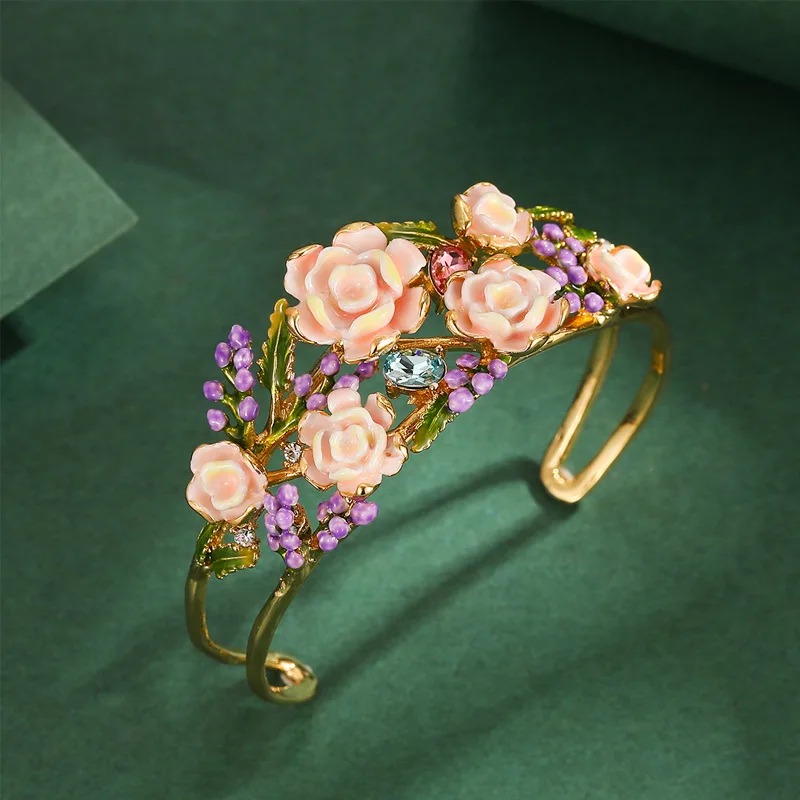 

Light Luxury New French Style Romantic Garden Enamel Pink Rose Flower Lavender Green Leaf Opening Adjustable Wide Edition Bangle