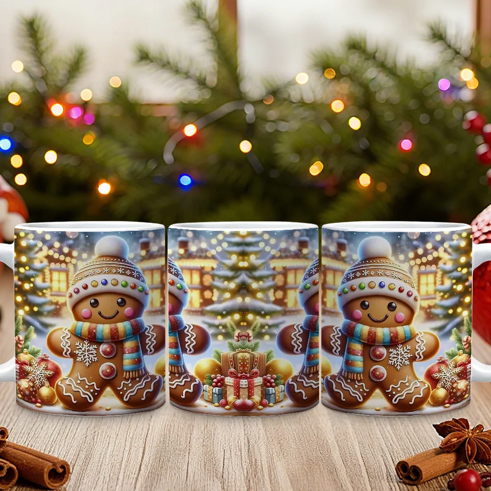 1pc Christmas Gingerbread for Man Coffee Mug with Cheerful Gingerbread Cookie Design - Cute Smiling Face, Icing & Sprinkles, Snowy Winter Scene - Durable Heat-Retaining Cup for Hot Cocoa, Tea, Coffee - Festive Holiday Gift for Family, Friends