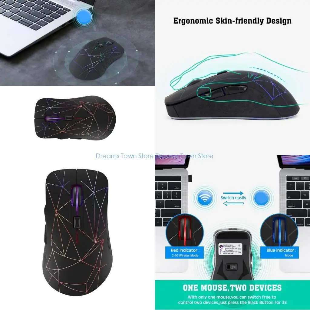 

Беспроводная мышь HX6A с двумя режимами, совместимыми с 5,2/2,4 ГГц, 1600DPI, 7 светодиодного цвета и эргономичный