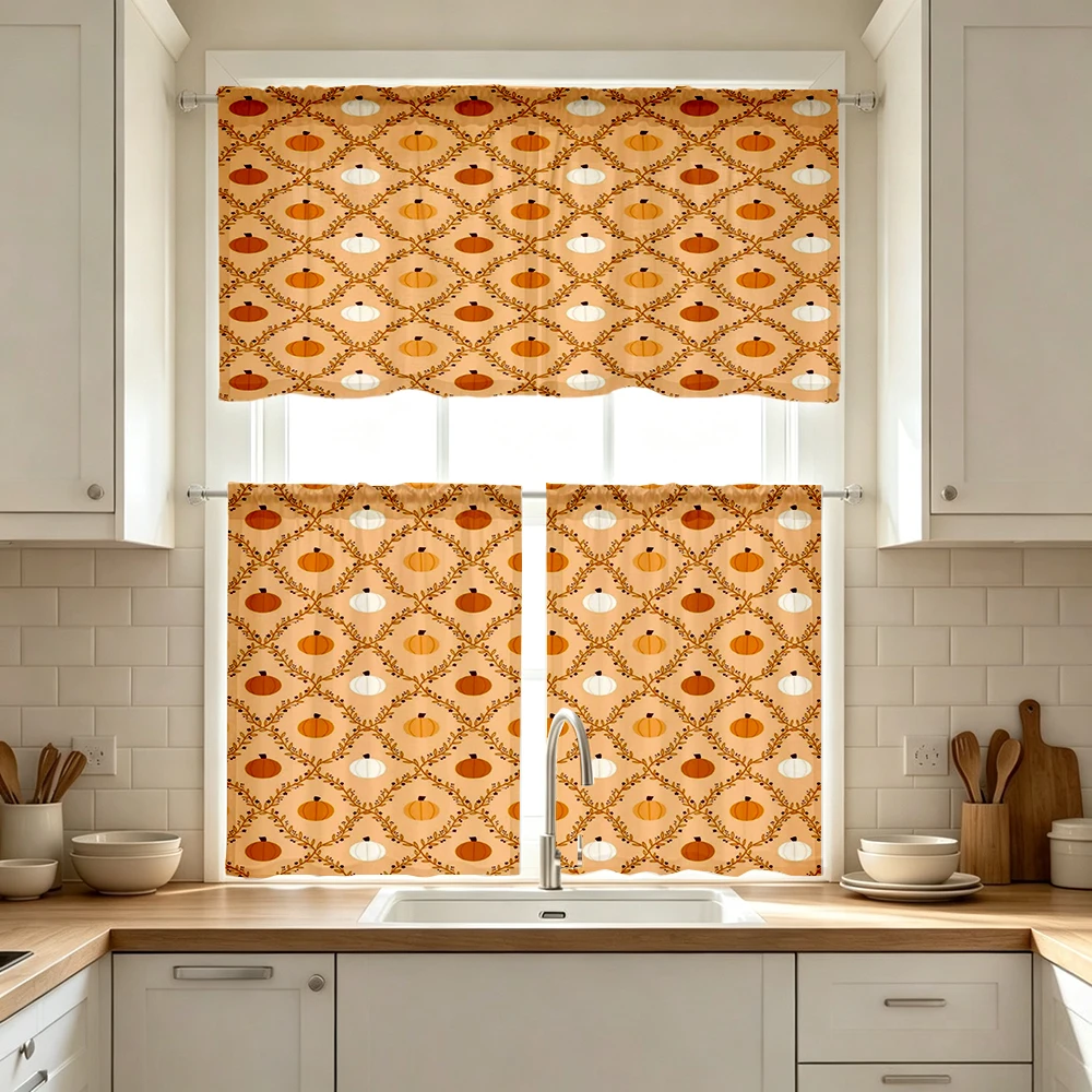 Thanksgiving Fall Kitchen Curtains, Mini Pumpkin Diamond, Digital Print, Kitchen Dining Room, Rod Pocket Polyester, Home Decor