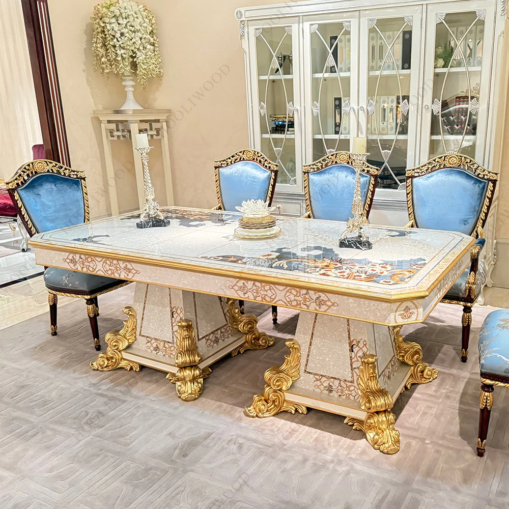 *Classic Luxury Artistic Shell Wood Veneer Inlay Gold Carved Legs Luxury Designer Dining Table with for Luxury House Villa Hotel