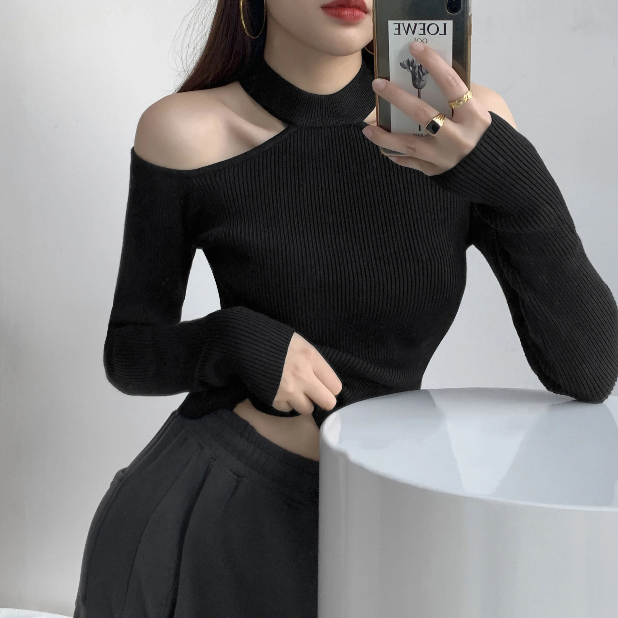 Basic Black Turtleneck Sweater Pullovers Hollow Out Off Shoulder Skinny Casual Sweaters Streetwear Women Knitwear Jumper