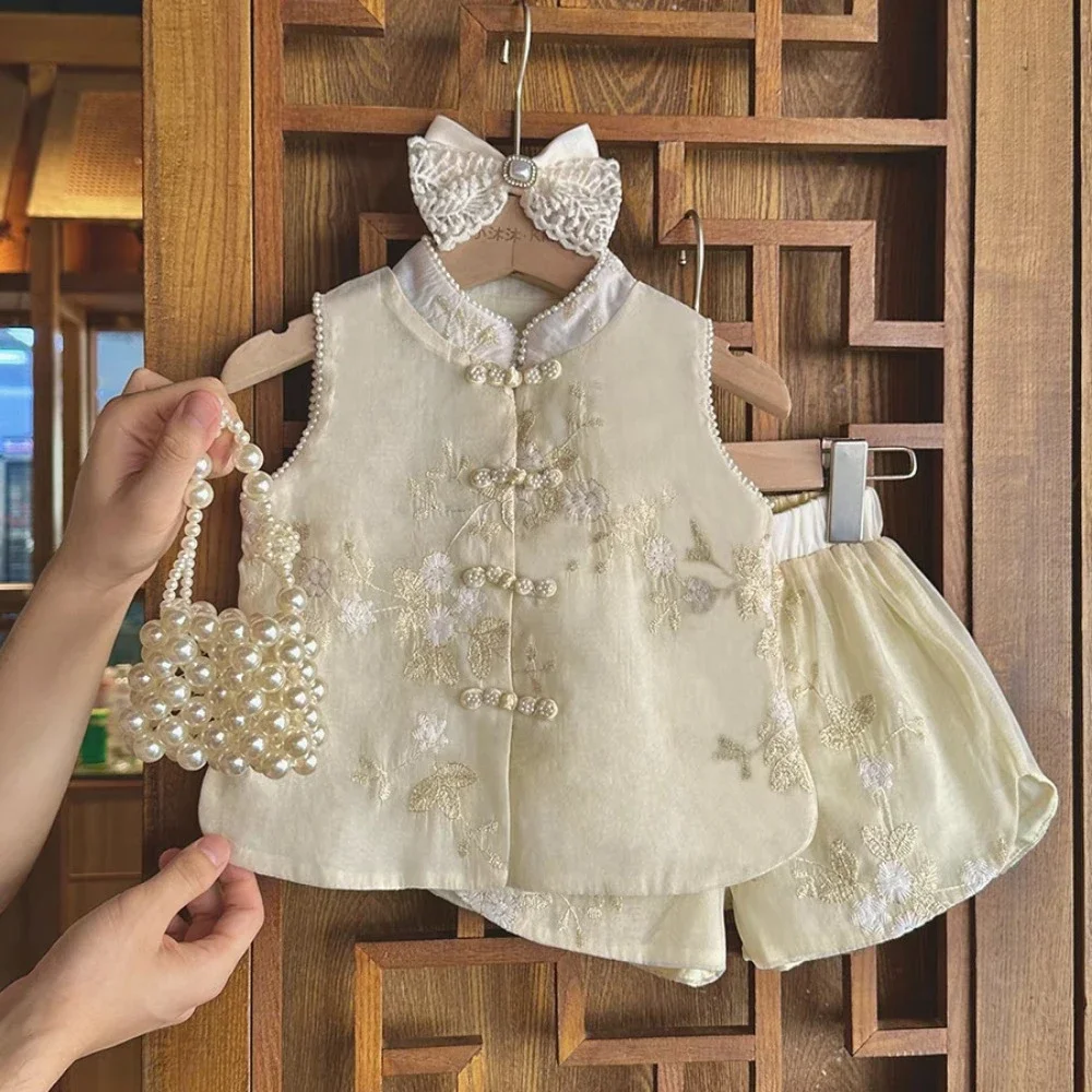Ropa de verano para niñas de 3 a 7 años, Top bordado de estilo chino con una botonadura y pantalón, conjunto de 2 uds, traje Retro para niños