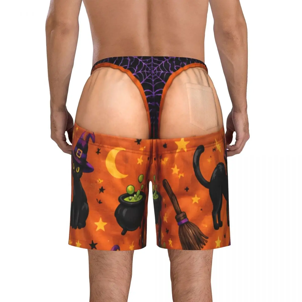 Men's Funny Sexy Halloween Spider Web Spooky Swim Trunks Hawaiian Bathing Mesh Lining Suit Swimsuits Beach Shorts