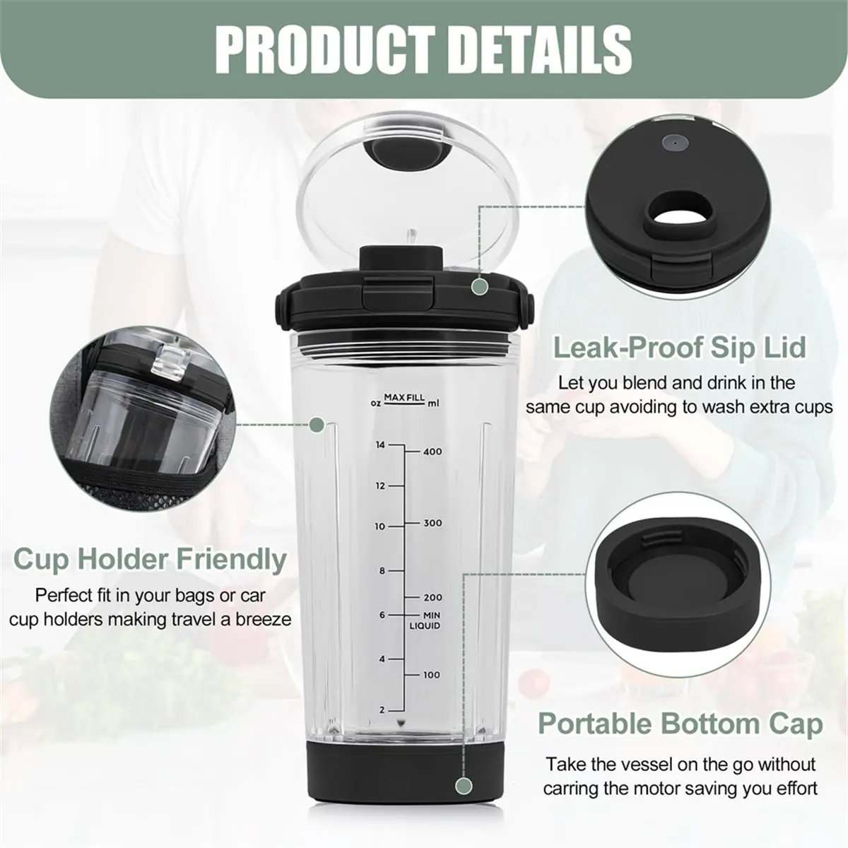 (A64E) Blender Cup Lid for Ninja Blast BC100 /BC151 Series Portable Blender Cover Leakproof-Lid and Sip Spout