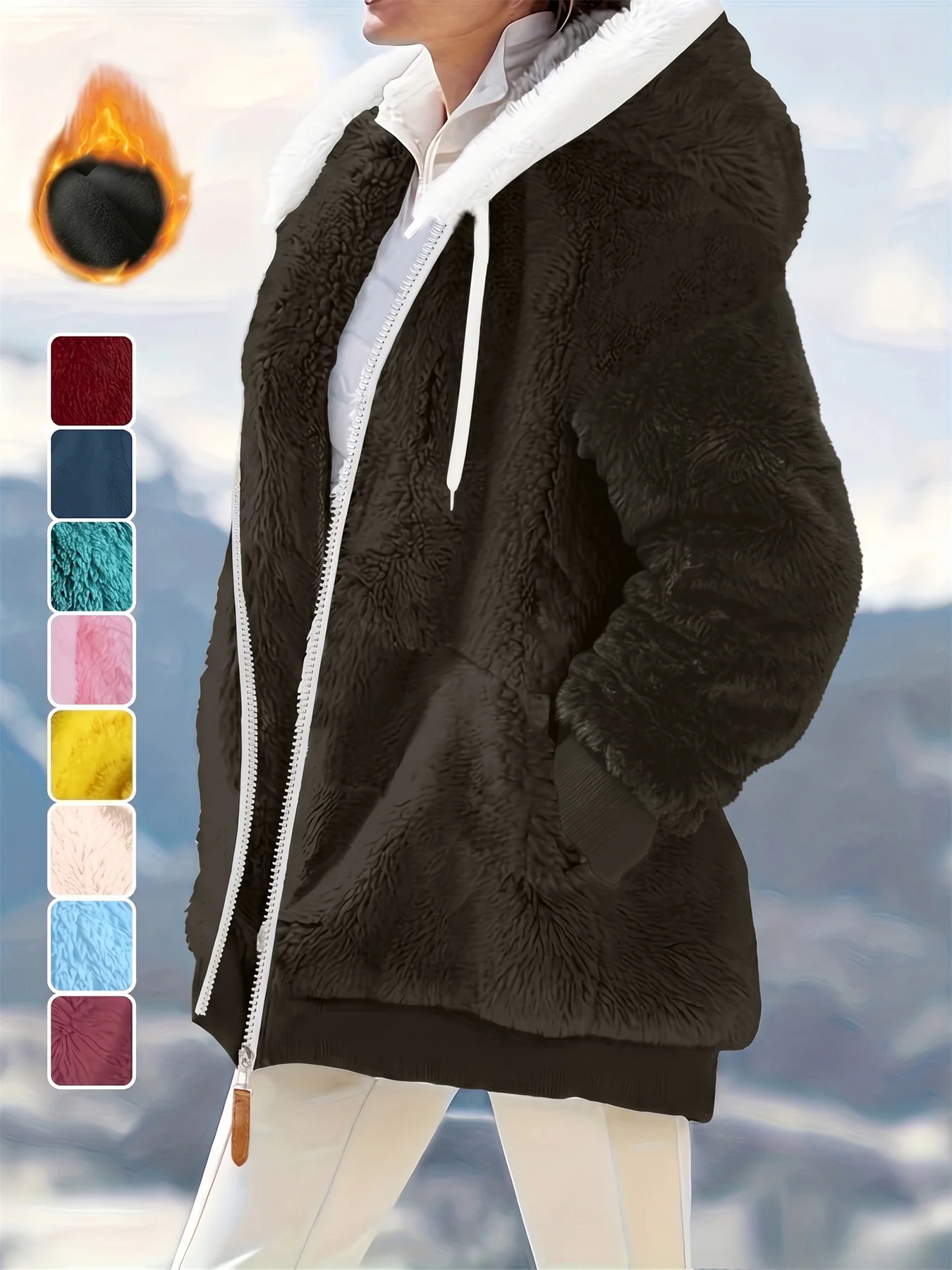 Women's Autumn and Winter Casual Color-Blocked Hooded Plush Warm Long-Sleeved Jacket