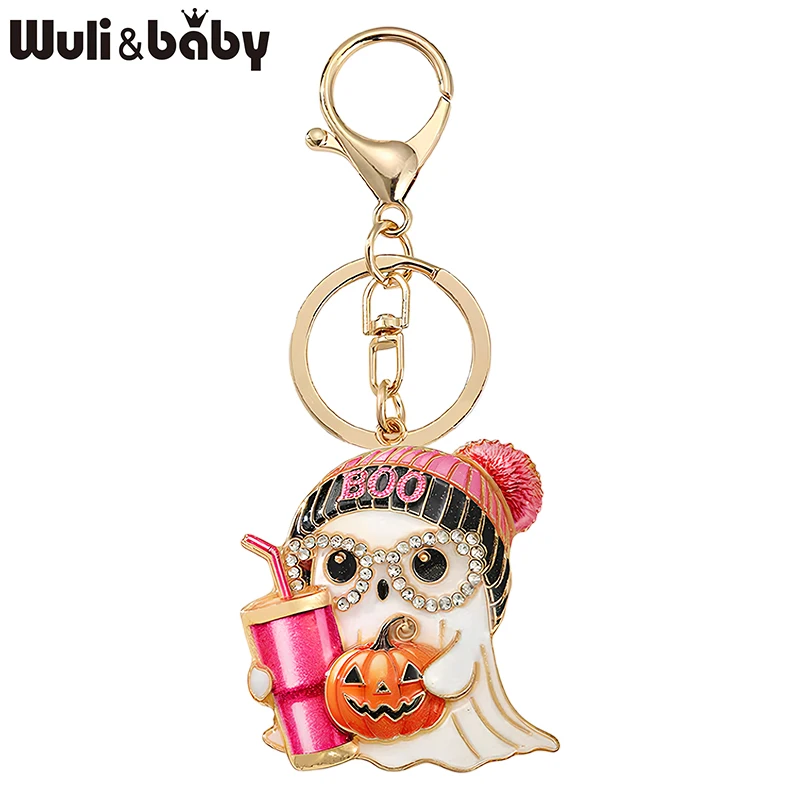 Wuli&baby Niedlicher Trinkender Saftiger Geister-Schlüsselanhänger für Damen und Herren, Strass-Halloween-Schlüsselanhänger, Modische Geschenke
