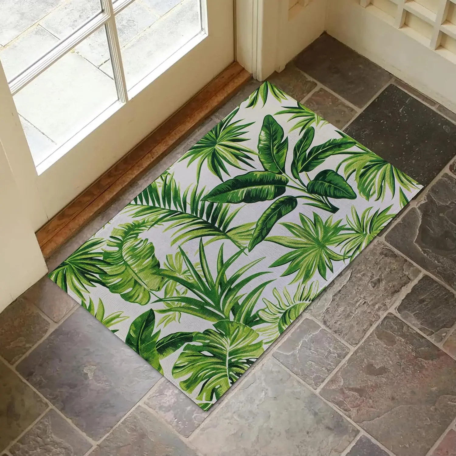 Tropical Green Leaves Indoor Door Mat for Entryway, Inch, Jungle Palm Print Floor Doormat for Home Decor, Non-Slip Rug M