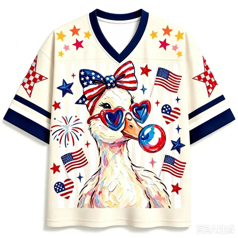 Star Flag Duck Illustration 3 D Print Quick-dry Breathable Sports Men Women Vneck Loose Tshirt Fashionable Y2K Parental Clothing view 3