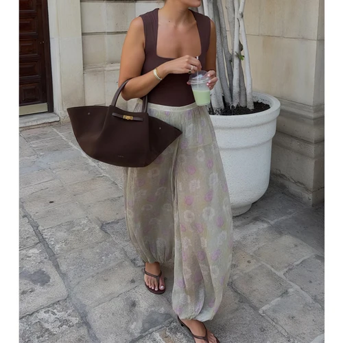 Imagen 2 del producto MUJER 2025 pantalones holgados florales, pantalones bombachos plisados para mujer, pantalones sueltos semitransparentes para mujer, pantalones de verano de cintura media para mujer