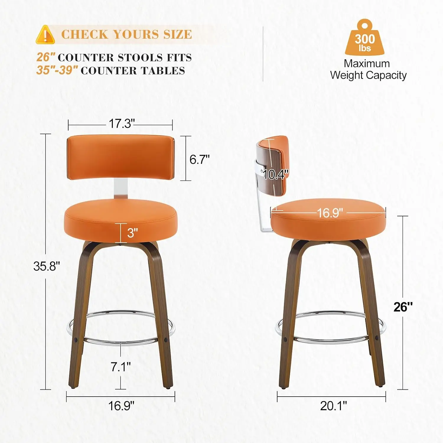 Set of 2 Swivel Counter Height Bar Stools, 26 Inch Orange Faux Leather Chairs with Backrest, Walnut Wood Legs, Mid Century