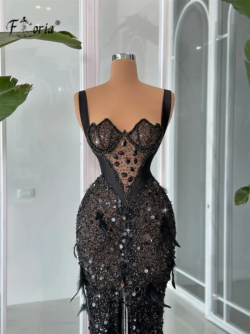 Luxury Mermaid Black Feather Beaded Evening Dresses Crystal Sequin Front Slit Spaghetti Strap Formal Event Gown Special Party Dr