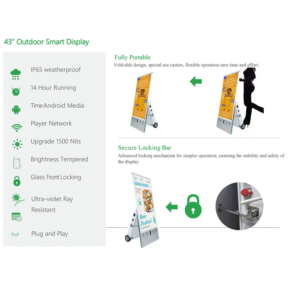 VETO 43 بوصة HD في الهواء الطلق LCD الإعلان ملصق رقمي مقاوم للماء شاشة عرض البطارية المحمولة مع تصنيف IP65 OEM المورد