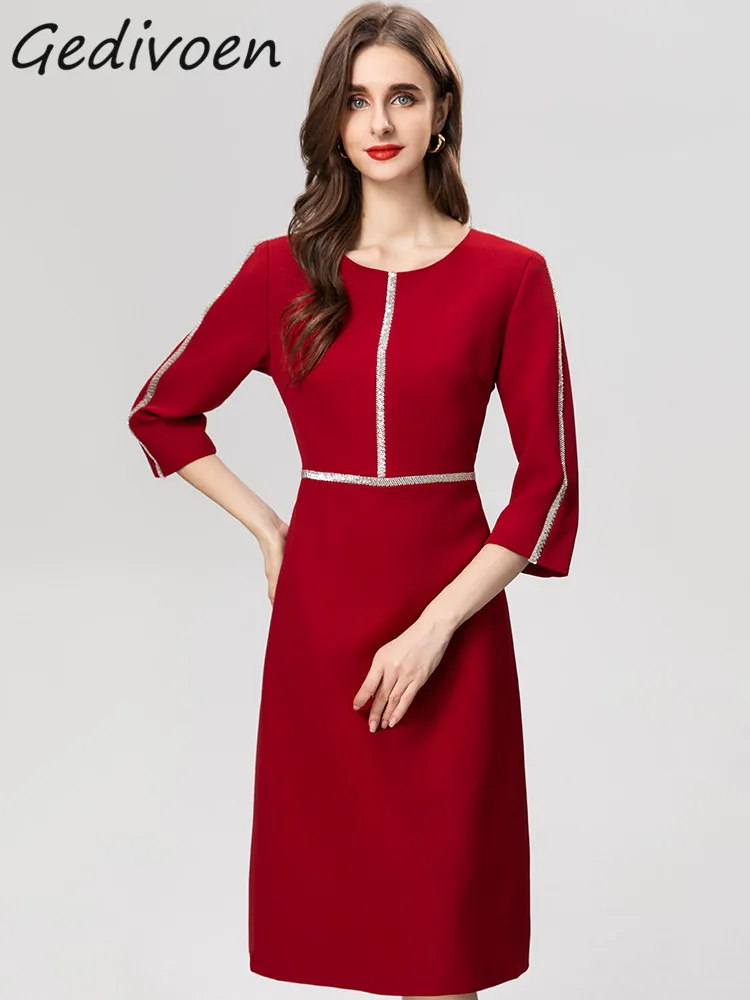 

Gedivoen Autumn Fashion Runway Wine Red Vintage Party Dress Women O Neck Three-quarter Sleeve Beading High Waist Slim Long Dress