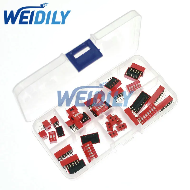 

35PCS Dip Switch Kit In Box 1 2 3 4 5 6 8 Way 2.54mm Toggle Switch Red Snap Switches Mixed Kit Each 5PCS Combination Set