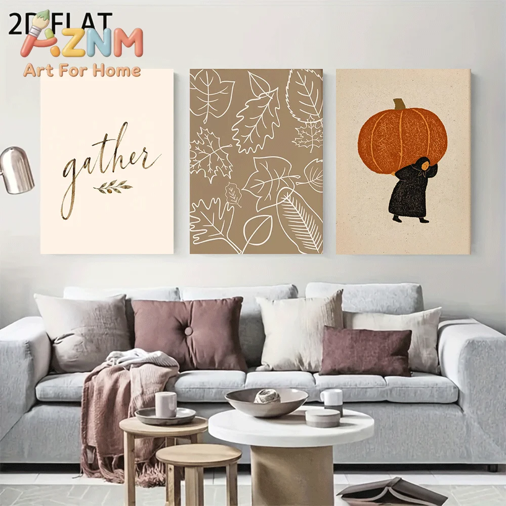 AZNM Frameless Canvas Wall Art, Autumn Gather Text Print, Maple Leaf Line Art Pumpkin Figure Illustration Poster for Fall Farmho