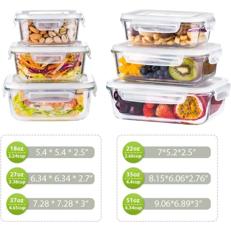 Large Glass Food Storage Containers with Lids, [12 Piece] Glass Meal Prep  ,   BPA Free & Leak Proof  (Square & Rectangle)