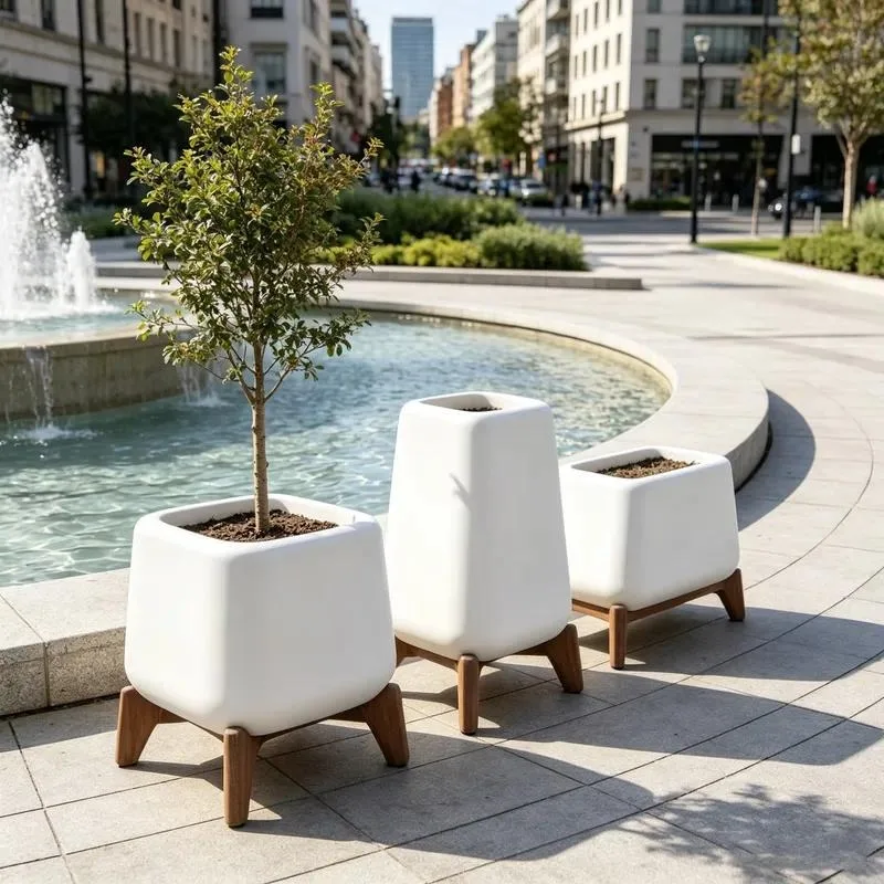 Wooden Leg Support Trapezoidal Fiberglass Flower Pot White Elevated Planter Box for Outdoor Pedestrian Street Landscaping